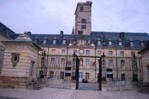 The front of the Hotel de Ville part of the Palais du Ducs- note the Je Suis Charile banners on gate and tower